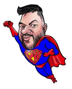 Digital painting cartoon of man dressed and flying in Superman outfit