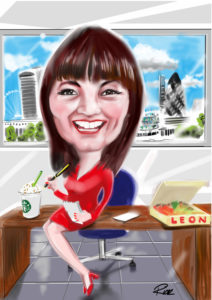 Single businesslady posing on work desk with cityscape background