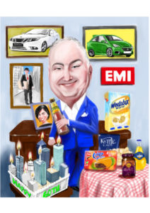 Fulll colour caricature of businessman with company products and cake designed like City buildings